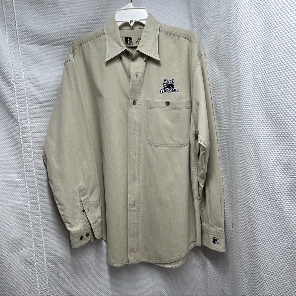 Russell Athletic Tan Casual Button Down‎ Shirt Penn State Embroidered logo